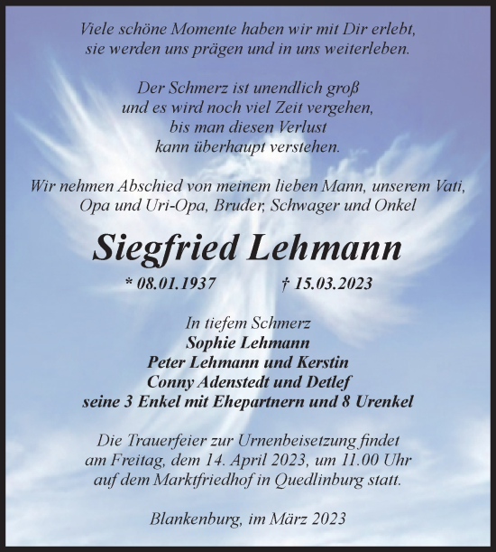 Traueranzeige von Siegfried Lehmann von Volksstimme Wernigerode