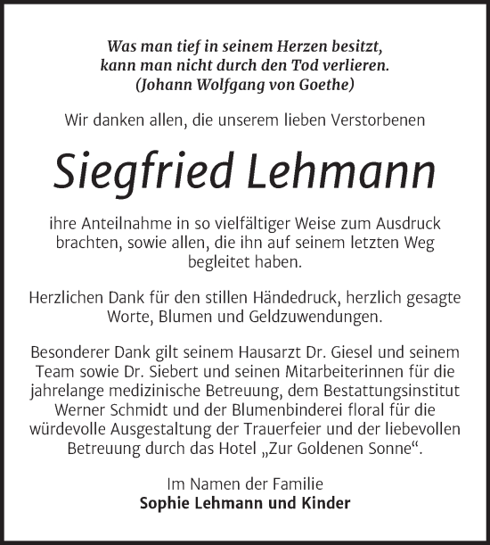 Traueranzeige von Siegfried Lehmann von Trauerkombi Quedlinburg