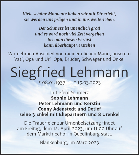 Traueranzeige von Siegfried Lehmann von Trauerkombi Quedlinburg