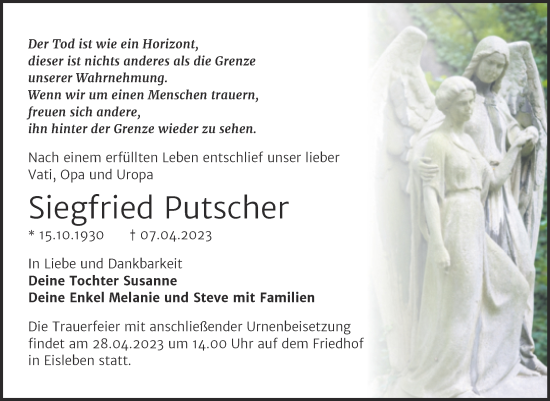 Traueranzeige von Siegfried Putscher von Trauerkombi Mansfelder Land