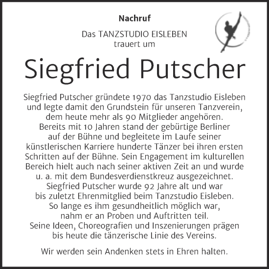 Traueranzeige von Siegfried Putscher von Mitteldeutsche Zeitung Mansfelder Land