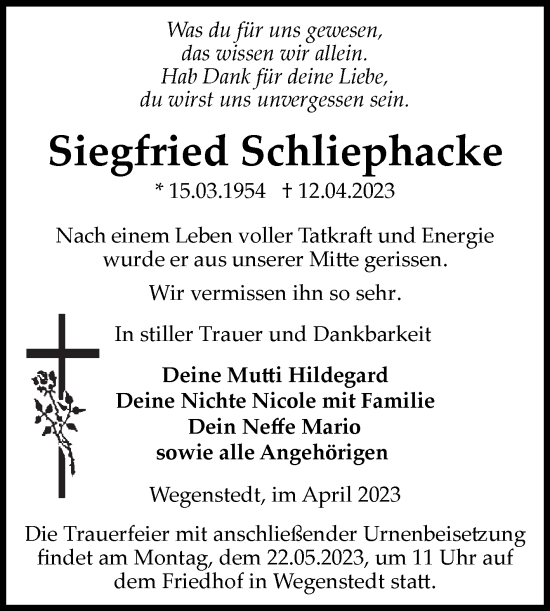 Traueranzeige von Siegfried Schliephacke von Volksstimme Haldensleben/Wolmirstedt