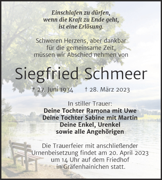 Traueranzeige von Siegfried Schmeer von Trauerkombi Wittenberg
