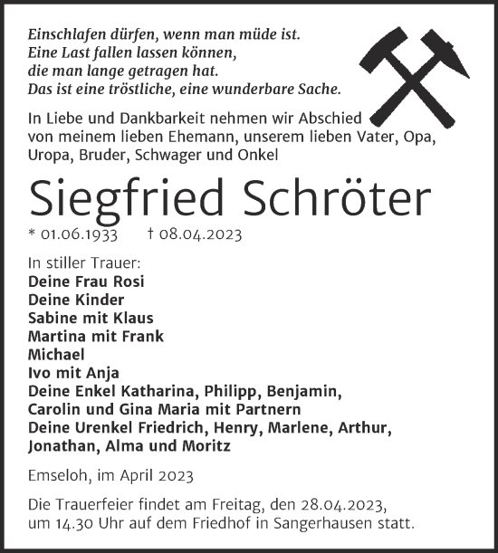 Traueranzeige von Siegfried Schröter von Trauerkombi Sangerhausen