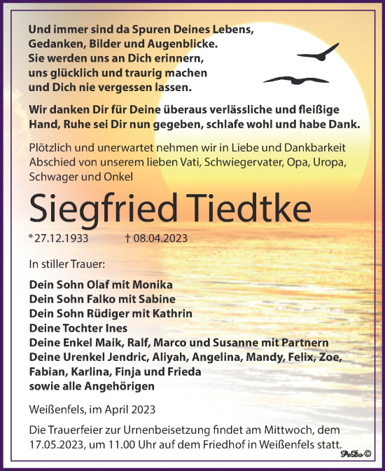 Traueranzeige von Siegfried Tiedtke von Trauerkombi Weißenfels