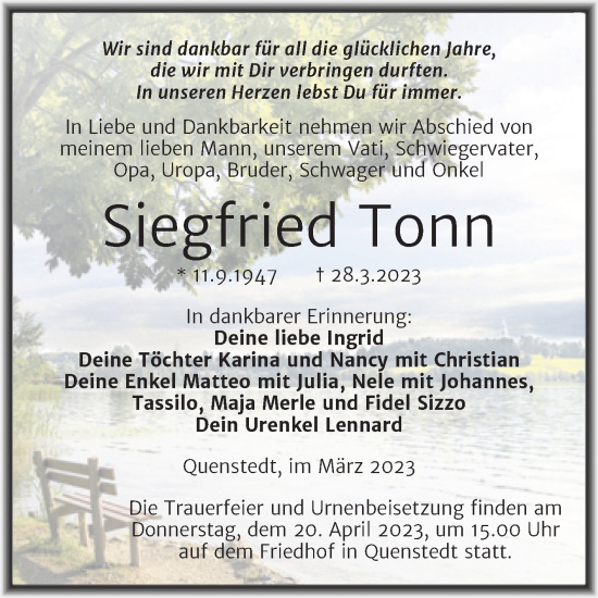 Traueranzeige von Siegfried Tonn von Trauerkombi Mansfelder Land