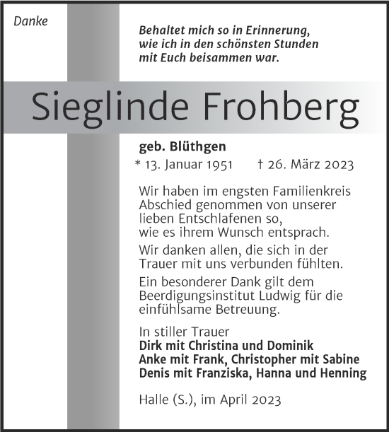 Traueranzeige von Sieglinde Frohberg von Mitteldeutsche Zeitung Halle/Saalkreis
