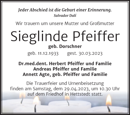 Traueranzeige von Sieglinde Pfeiffer von Trauerkombi Mansfelder Land