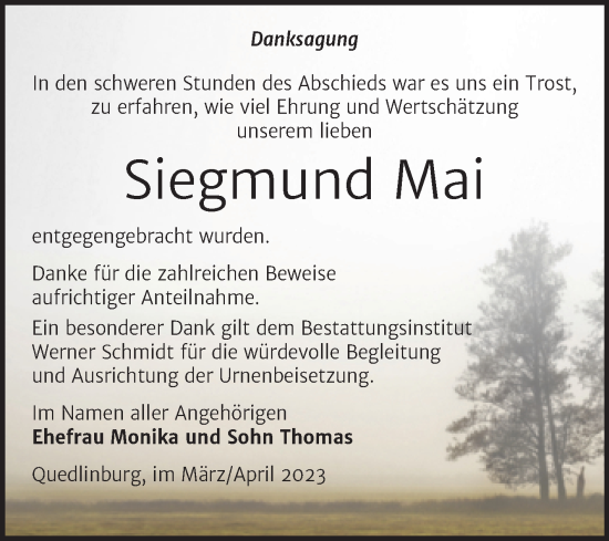 Traueranzeige von Siegmund Mai von Trauerkombi Quedlinburg