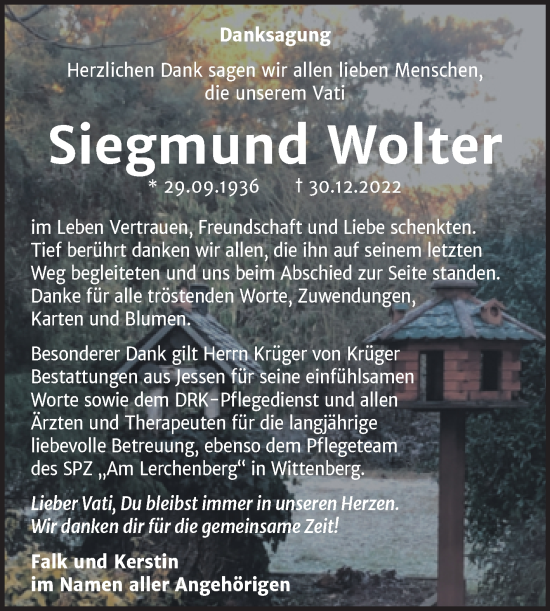 Traueranzeige von Siegmund Wolter von Trauerkombi Wittenberg