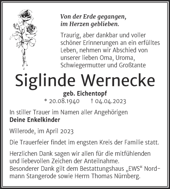 Traueranzeige von Siglinde Wernecke von Trauerkombi Mansfelder Land