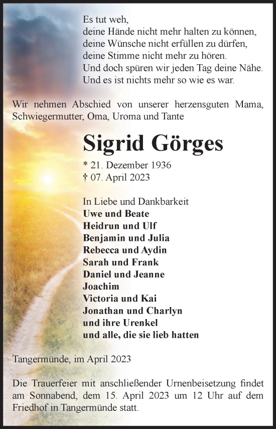 Traueranzeige von Sigrid Görges von Volksstimme Altmark Ost