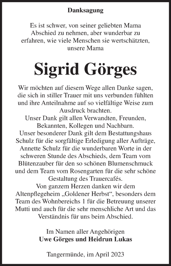 Traueranzeige von Sigrid Görges von Volksstimme Altmark Ost