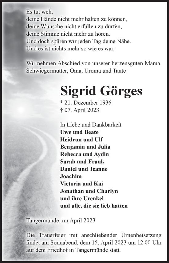 Traueranzeige von Sigrid Görges von Volksstimme Altmark Ost