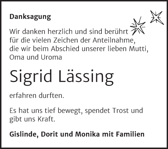 Traueranzeige von Sigrid Lässing von Trauerkombi Sangerhausen