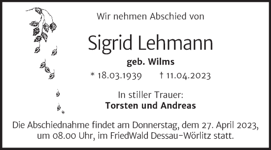 Traueranzeige von Sigrid Lehmann von Trauerkombi Dessau