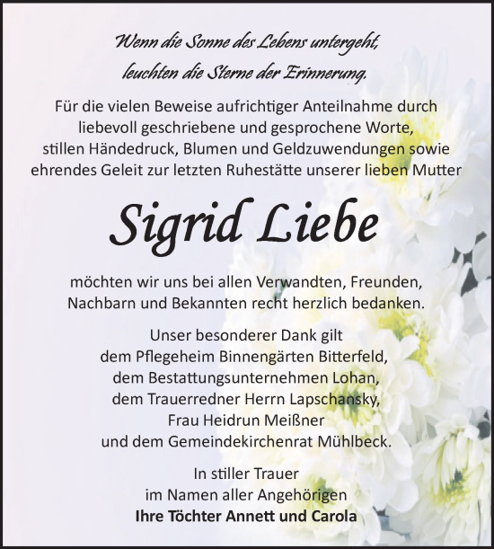 Traueranzeige von Sigrid Liebe von Trauerkombi Bitterfeld