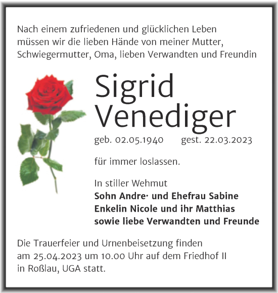 Traueranzeige von Sigrid Venediger von Trauerkombi Dessau