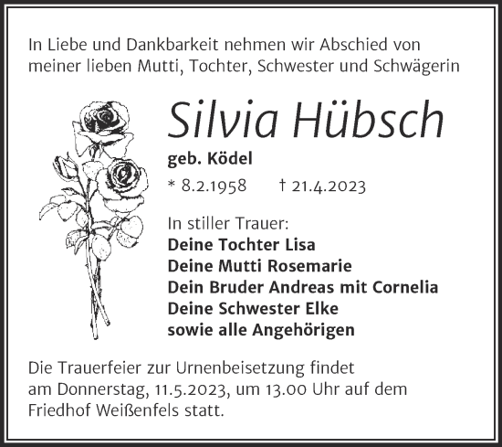 Traueranzeige von Silvia Hübsch von Trauerkombi Weißenfels