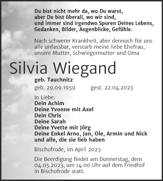Traueranzeige von Silvia Wiegand von Trauerkombi Mansfelder Land