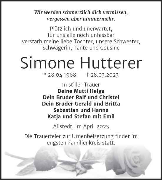 Traueranzeige von Simone Hutterer von Trauerkombi Sangerhausen