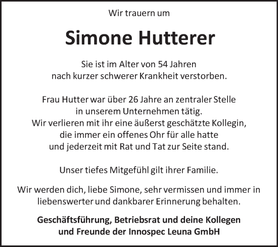 Traueranzeige von Simone Hutterer von Super Sonntag Halle/Saalkreis