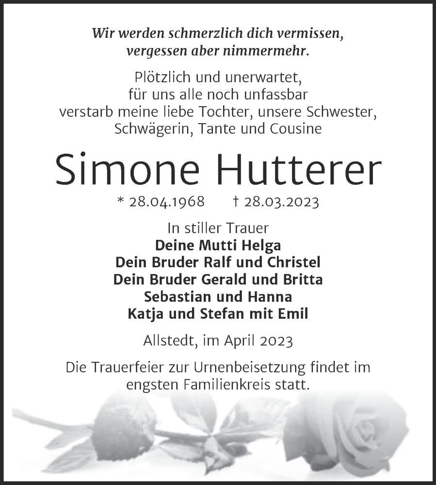  Traueranzeige für Simone Hutterer vom 05.04.2023 aus Trauerkombi Sangerhausen