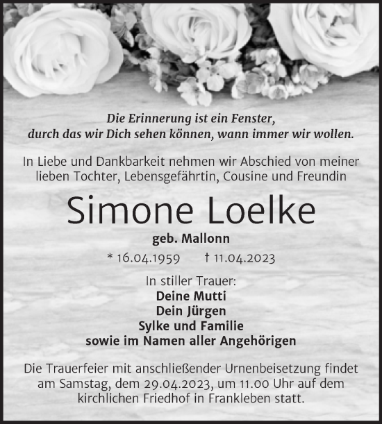 Traueranzeige von Simone Loelke von Mitteldeutsche Zeitung Merseburg/Querfurt