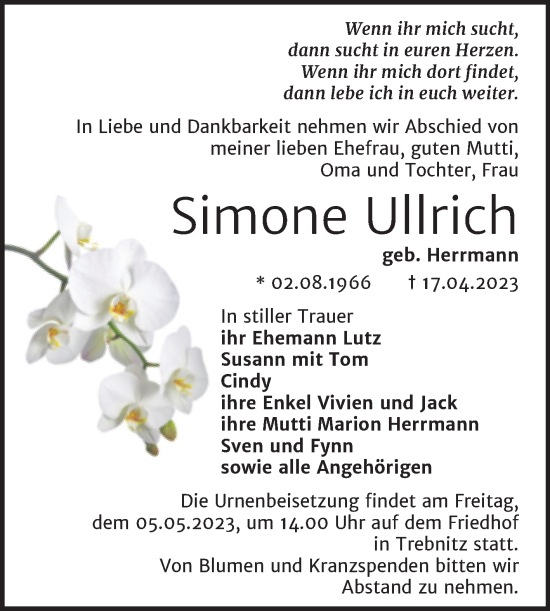 Traueranzeige von Simone Ullrich von Trauerkombi Weißenfels