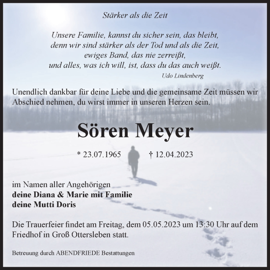 Traueranzeige von Sören Meyer von Volksstimme Magdeburg