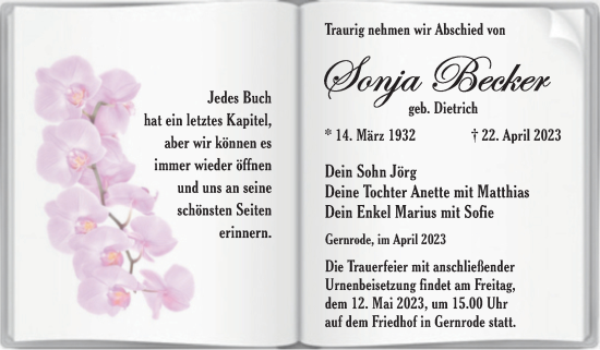 Traueranzeige von Sonja Becker von Trauerkombi Quedlinburg