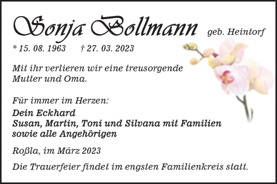 Traueranzeige von Sonja Bollmann von Trauerkombi Sangerhausen