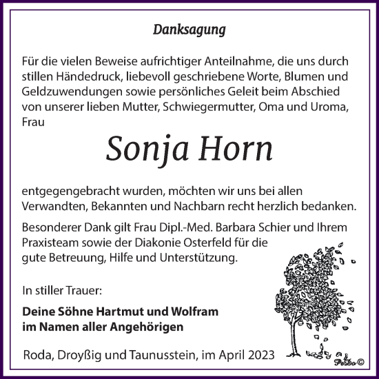 Traueranzeige von Sonja Horn von Trauerkombi Zeitz