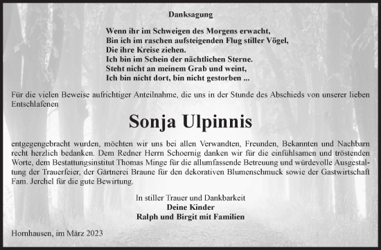 Traueranzeige von Sonja Ulpinnis von Volksstimme Oschersleben/Wanzleben