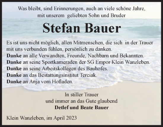 Traueranzeige von Stefan Bauer von Volksstimme Oschersleben/Wanzleben