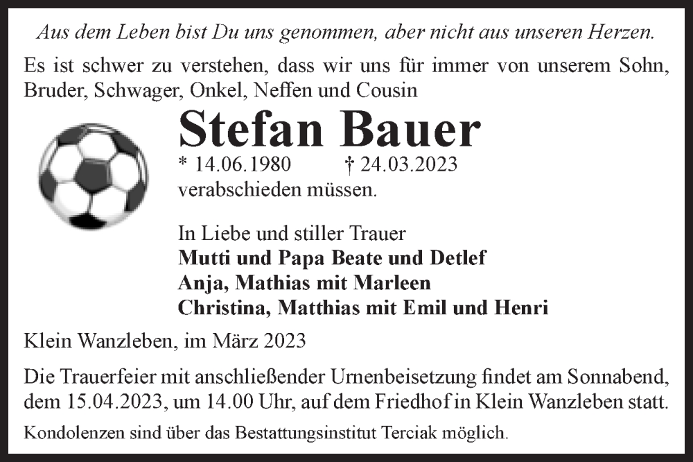  Traueranzeige für Stefan Bauer vom 08.04.2023 aus Volksstimme Oschersleben/Wanzleben