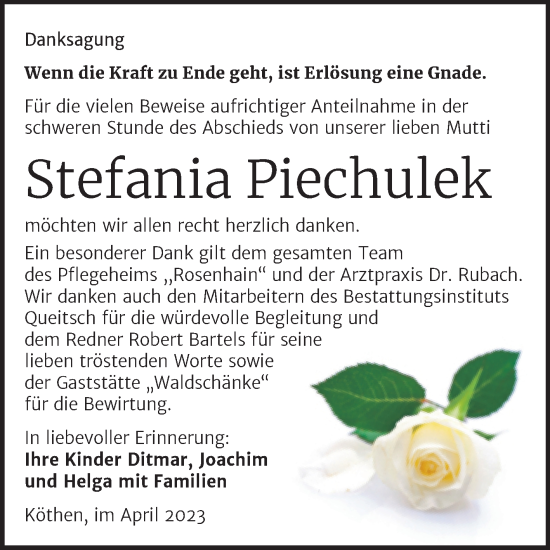 Traueranzeige von Stefania Piechulek von Trauerkombi Köthen