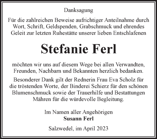 Traueranzeige von Stefanie Ferl von Volksstimme Altmark West