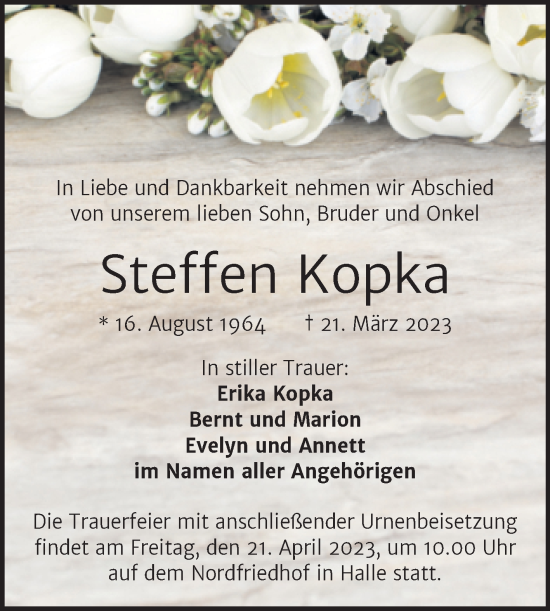 Traueranzeige von Steffen Kopka von Mitteldeutsche Zeitung Halle/Saalkreis
