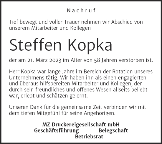 Traueranzeige von Steffen Kopka von Mitteldeutsche Zeitung Halle/Saalkreis