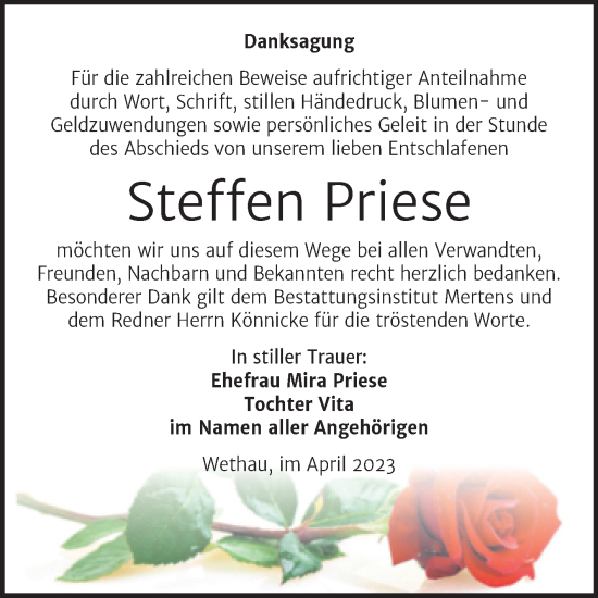 Traueranzeige von Steffen Priese von Naumburger Tageblatt