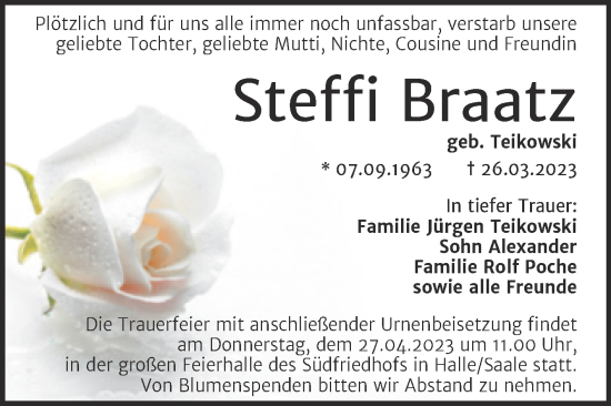 Traueranzeige von Steffi Braatz von Mitteldeutsche Zeitung Halle/Saalkreis