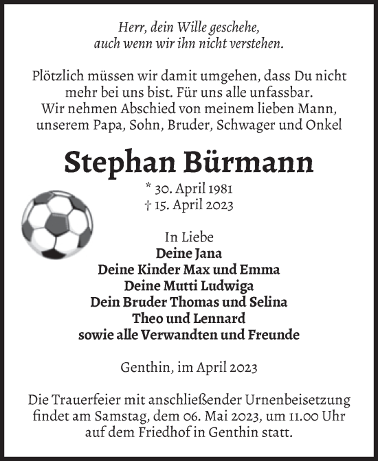 Traueranzeige von Stephan Bürmann von Volksstimme Burg/Genthin