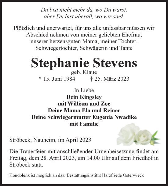 Traueranzeige von Stephanie Stevens von Volksstimme Halberstadt