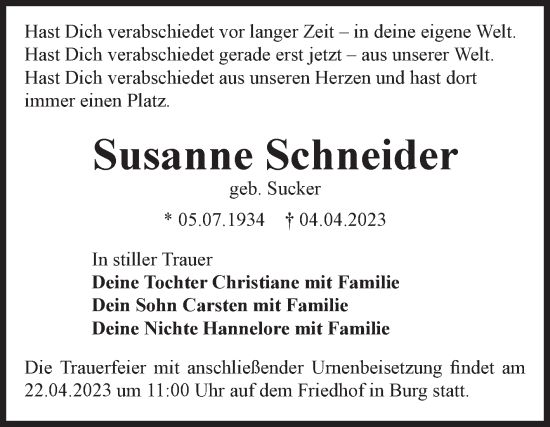 Traueranzeige von Susanne Schneider von Volksstimme Altmark Ost