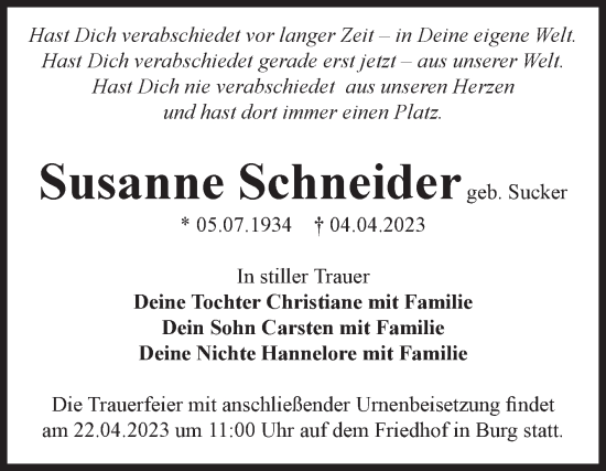 Traueranzeige von Susanne Schneider von Volksstimme Altmark Ost