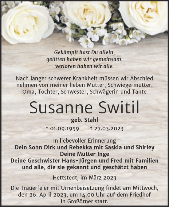 Traueranzeige von Susanne Switil von Trauerkombi Mansfelder Land