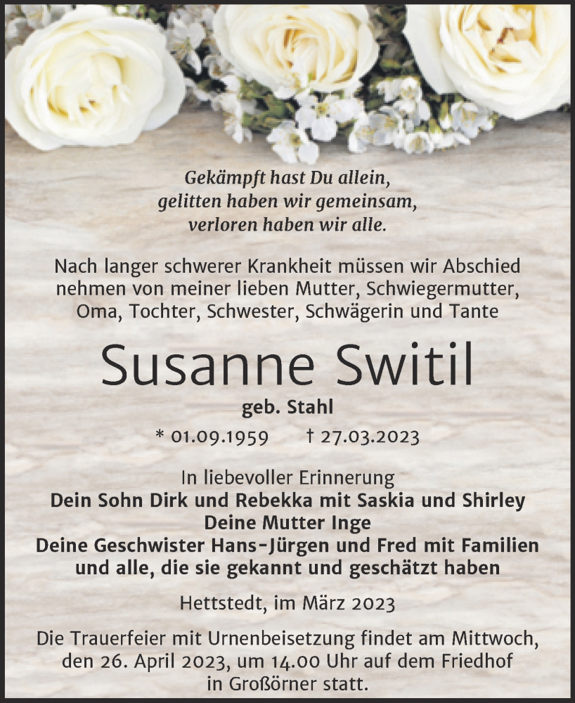  Traueranzeige für Susanne Switil vom 01.04.2023 aus Trauerkombi Mansfelder Land