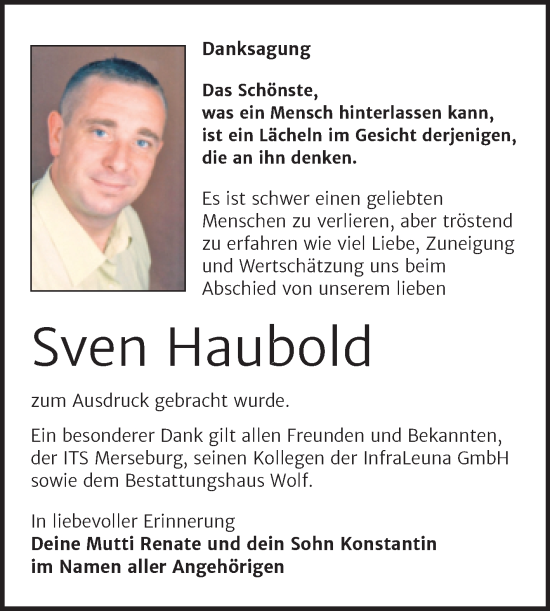 Traueranzeige von Sven Haubold von Trauerkombi Merseburg