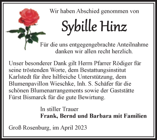 Traueranzeige von Sybille Hinz von Volksstimme Schönebeck